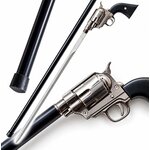 Canne épée revolver de collection avec lame dégainée, fourreau noir et poignée inspirée d’un revolver western.
