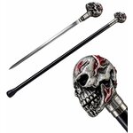 Canne épée noire à poignée tête de mort métallique rouge et argent, accompagnée d’un gros plan détaillé du pommeau sculpté.