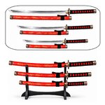 Ensemble de 3 katanas japonais rouges avec support noir en bois - katana, wakizashi et tanto décoratifs