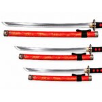 Set de 3 sabres japonais rouges avec lames apparentes et fourreaux assortis rouge et noir