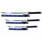 Set de 3 katanas bleu nuit avec lames courbées en acier et fourreaux japonais motif dragon sur fond blanc