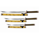 Katana wakizashi et tanto jaune doré avec lames courbes en acier et fourreaux japonais décoratifs