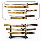 Ensemble katana wakizashi tanto jaune doré motif dragon japonais avec lames acier polies et support noir