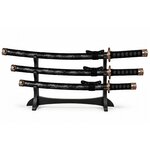 Support noir avec set de 3 katanas japonais décoratifs style samouraï