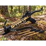 Arbalète pistolet 80 lbs outdoor posée sur un tronc d’arbre