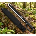 Machette Black Panther Albainox et son étui posés sur un tronc darbre en forêt.