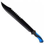 Machette noire 65 cm avec lame courbée, dos cranté et manche bleu.