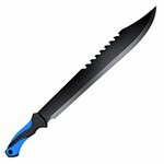 Machette 65 cm à lame noire avec dos cranté et manche antidérapant bleu.