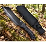 Machette SCH noire avec étui nylon posée sur un tronc en forêt.