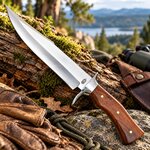 Couteau de chasse SCK posé sur un tronc moussu en pleine nature.