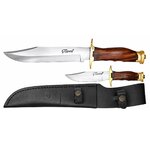 Lot de 2 couteaux de chasse LEOPARD avec lames inox, manches en bois et étui double en cuir noir.