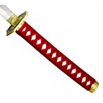 Manche rouge tressé du katana japonais Dragon Katana avec motifs blancs, garde et pommeau dorés.