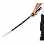 Katana sabre japonais Dragon noir 98 cm tenu en main, avec lame en acier inoxydable et manche tressé.