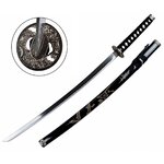 Katana sabre japonais Dragon 98 cm avec lame en acier inoxydable, fourreau noir décoré et garde gravée.