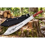 Machette sabre Dragon Albainox 60 cm exposée sur une souche en forêt, avec son étui noir en nylon.