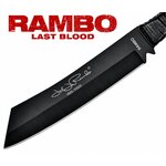 Couteau Rambo IV officiel – Gros plan sur la lame noire en acier carbone avec signature John Rambo.