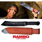 Couteau Rambo IV édition limitée présenté avec son étui en cuir et une scène du film Rambo Last Blood.