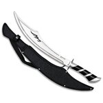 Machette sabre design Albainox 62,5 cm avec manche noir et argent, accompagnée de son étui de transport.