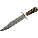 Grand poignard couteau 36,5cm DAMAS - Damascus corne laiton..