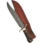 Grand poignard couteau 36,5cm DAMAS - Damascus corne laiton.