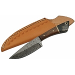 Poignard couteau 20,5cm lame DAMAS - Laiton, bois et corne
