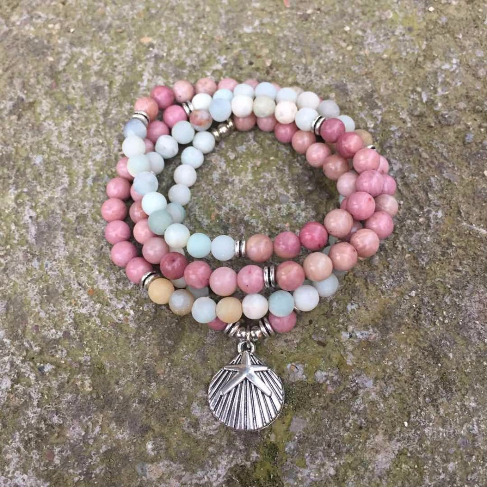 DIEZI-bouddhiste-Reiki-multicolore-Amazonite-Shell-Bracelet-breloques-pierre-naturelle-108-Mala-perles-Bracelet-collier-pour