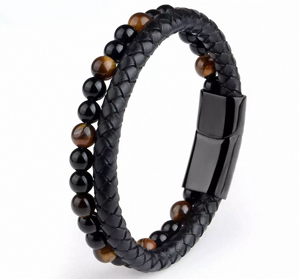 Bracelet perles oeil de tigre et cuir - homme-femme