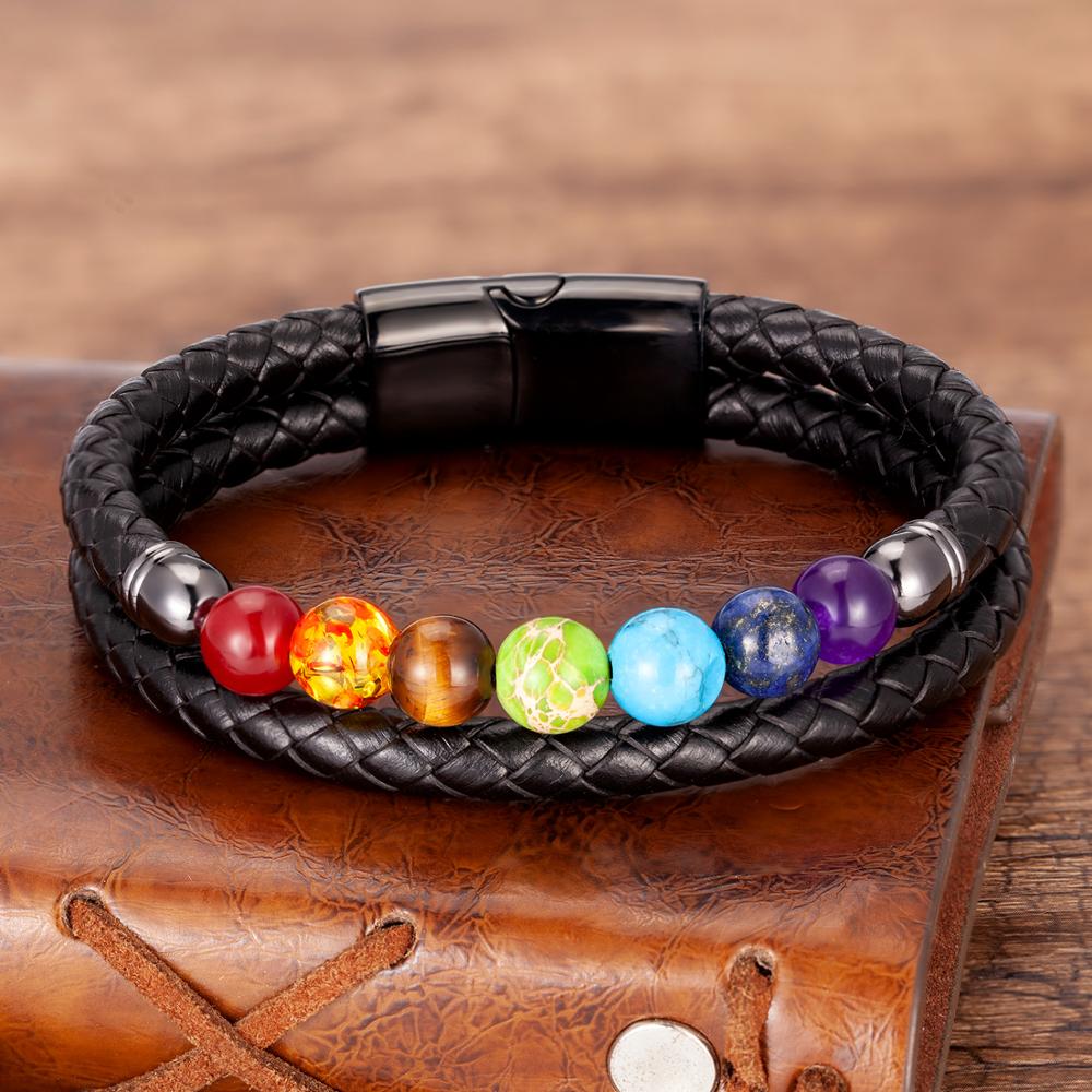 Bracelet chakras perles multicolores et cuir noir