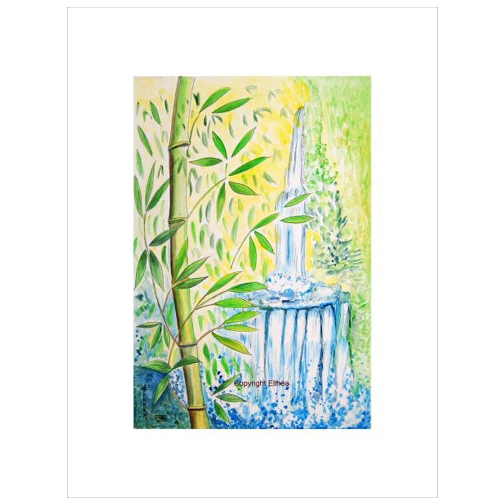 Aquarelle zen cascade et bambous, oeuvre unique et originale de l'artiste Ellhëa