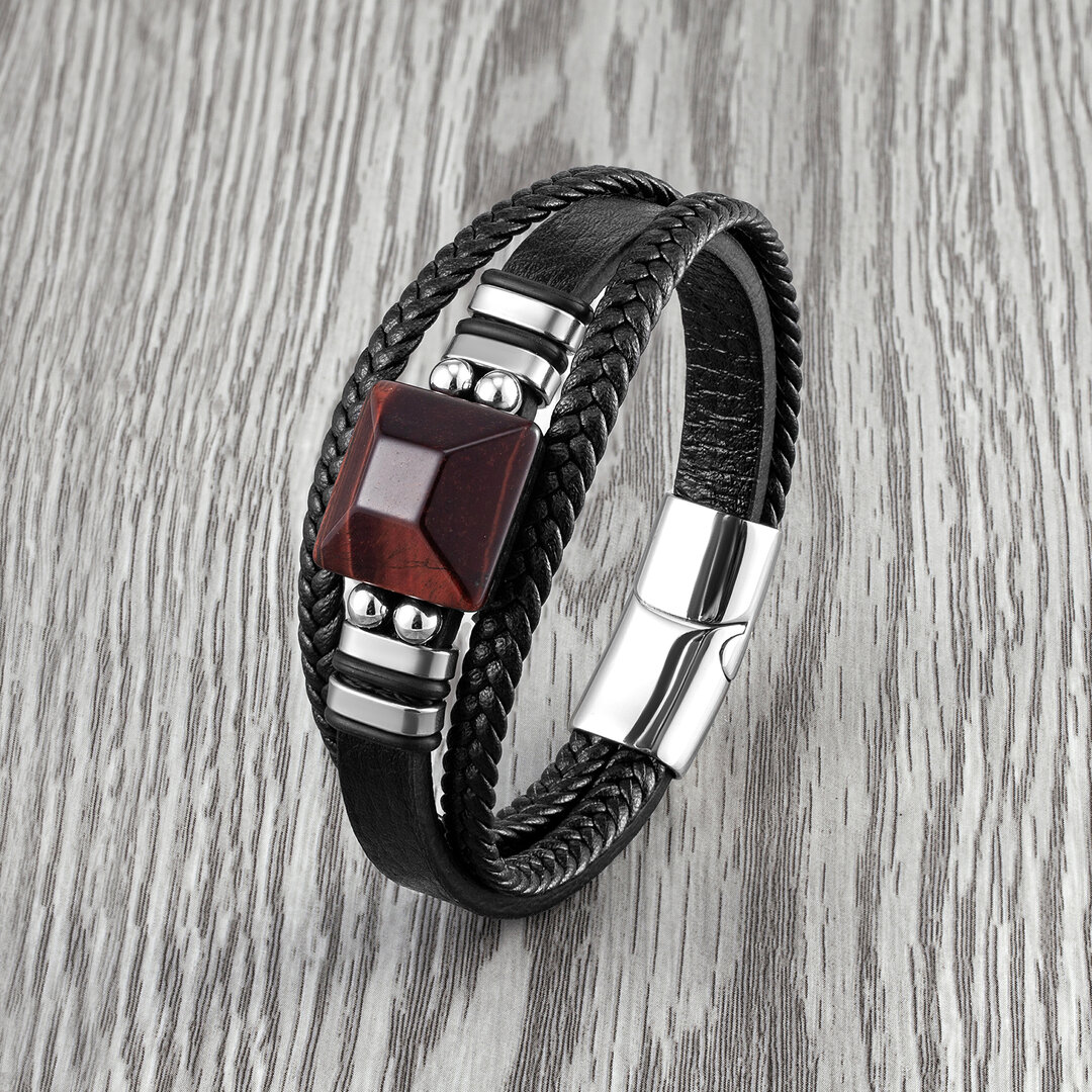 Bracelet Homme Cuir PU Tressé Noir Avec Pierre Oeil De Tigre - Anti-stress, Neuf Avec étiquette