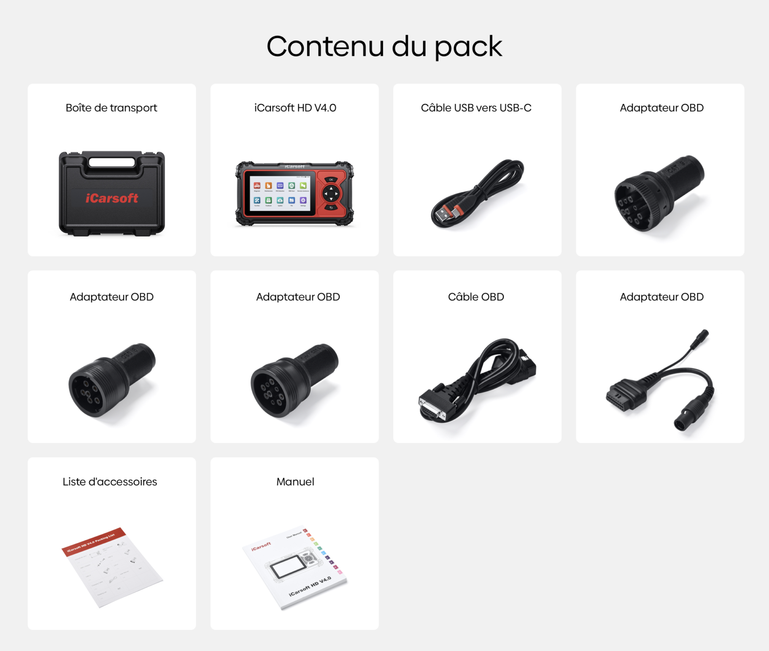iCarsoft HD V4.0 contenu du pack