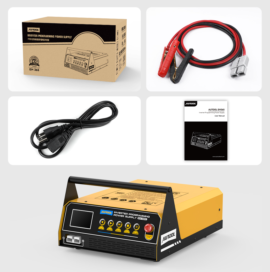 AUTOOL EM365 - Chargeur de batterie - Contenu du pack - iCarsoft France