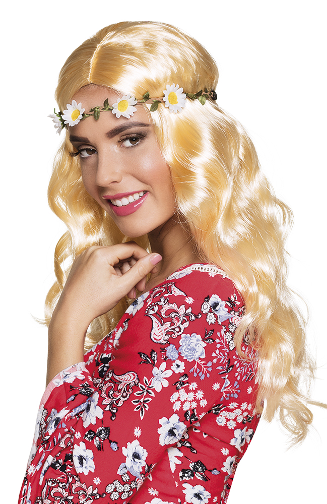 Perruque hippie blonde avec bandeau de fleurs