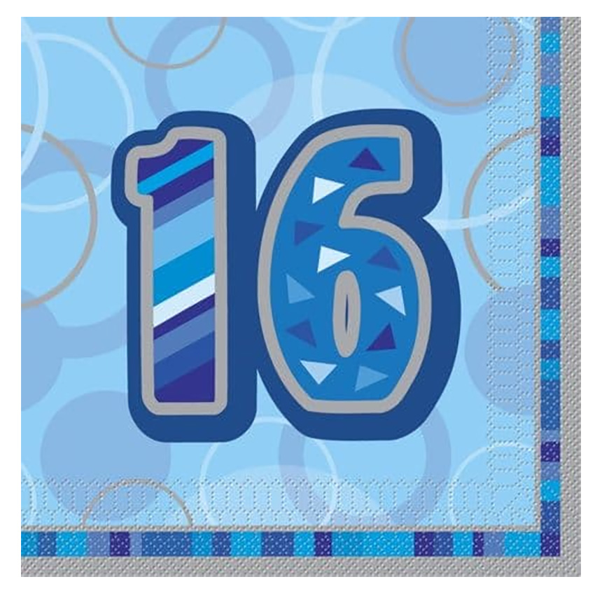 16 SERVIETTES EN PAPIER BLEUES ET ARGENT 16 ANS