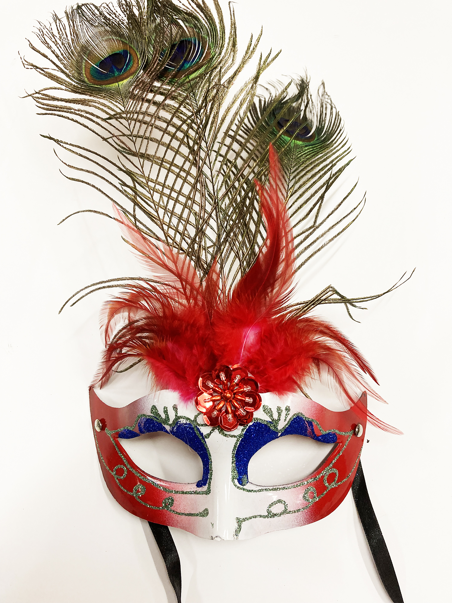 masque venitien rouge avec plumes de paon