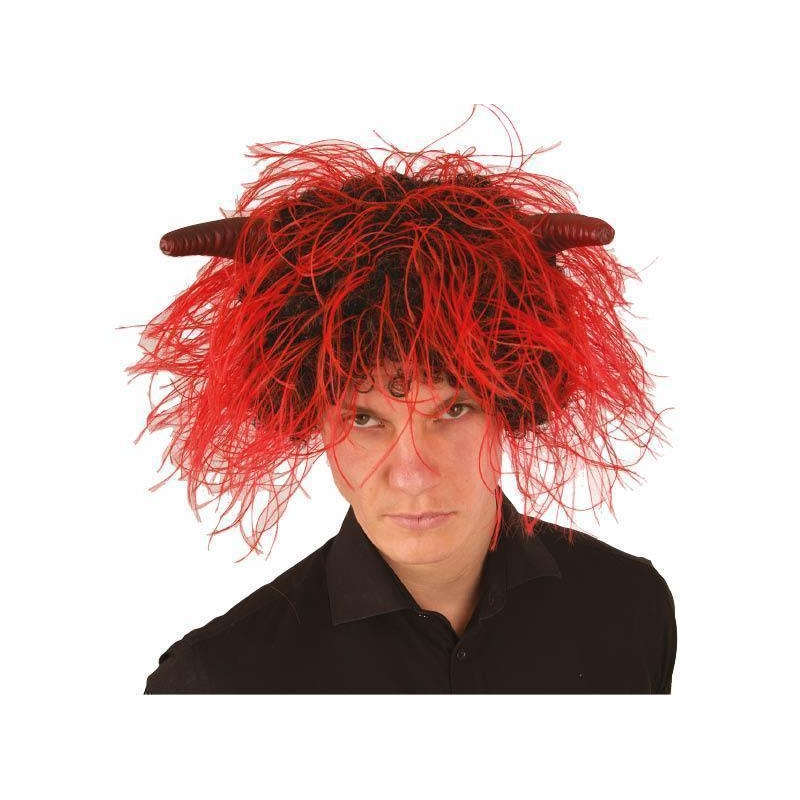 perruque-diable rouge et noire avec cornes