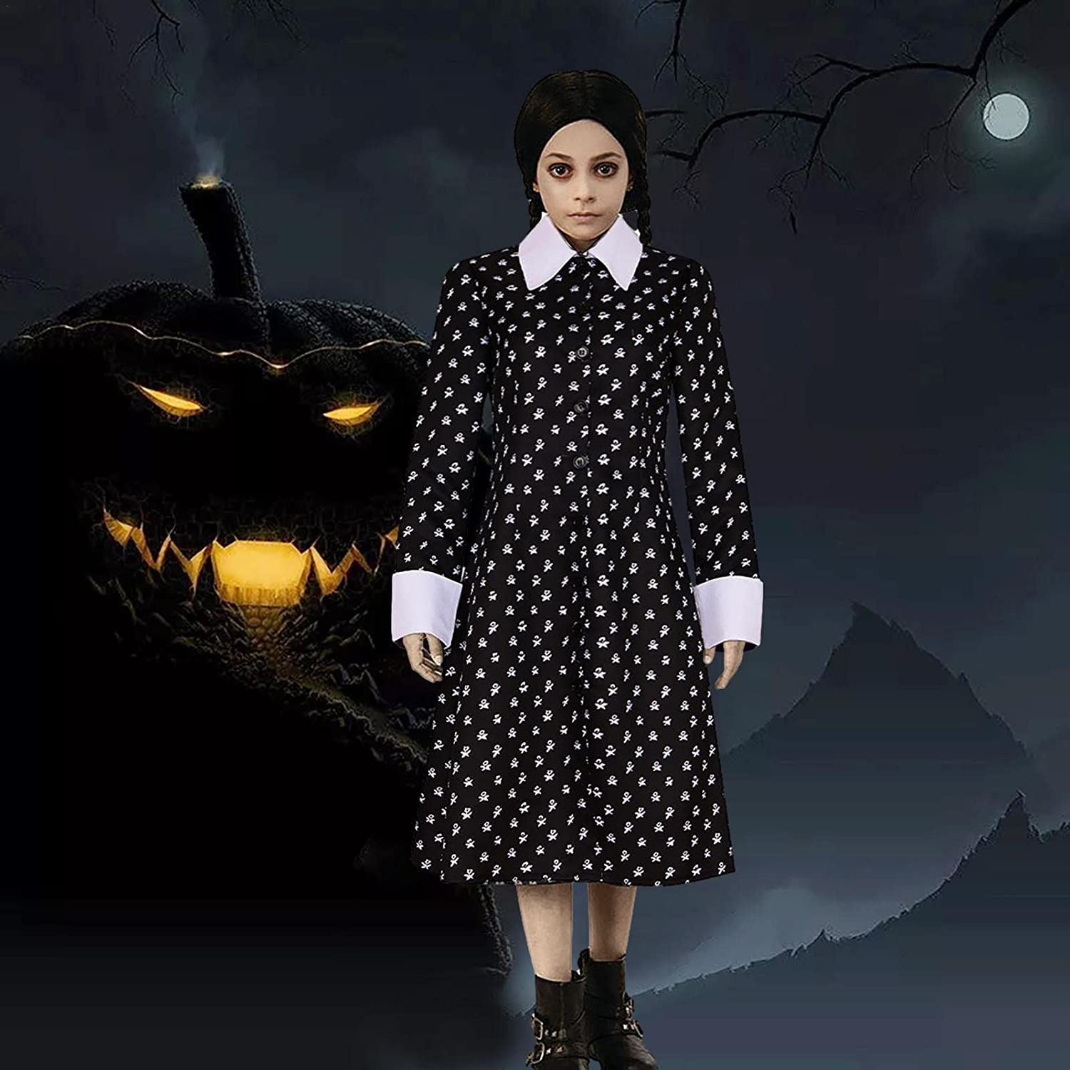 robe imprimee noire et blanche wenesday addams family enfant
