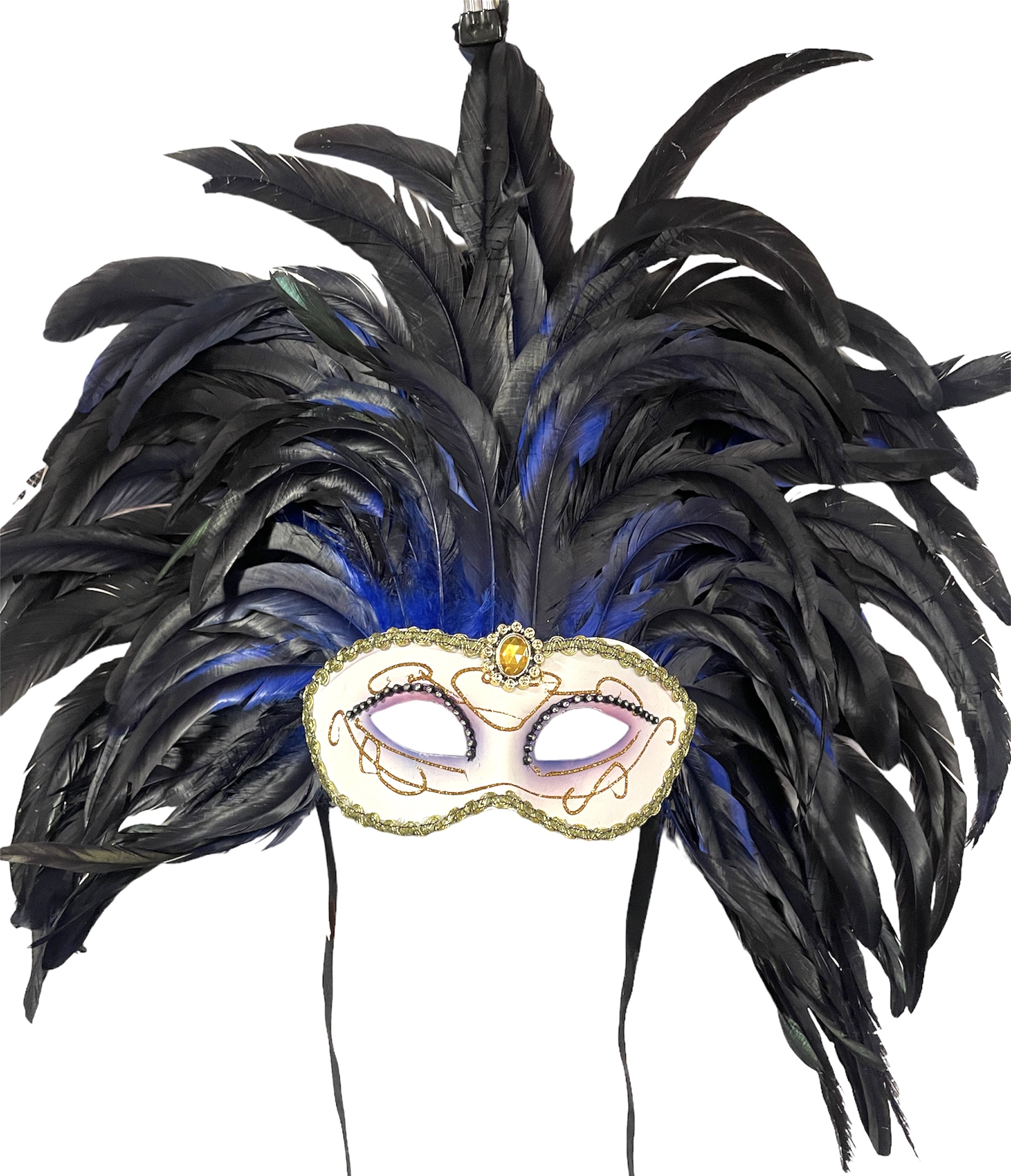 masque venitien plumes noires et bleues