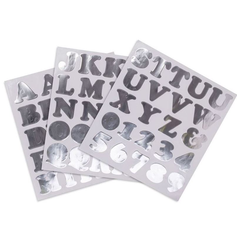 71 STICKERS PAILLETTES ARGENT LETTRES ET CHIFFRES