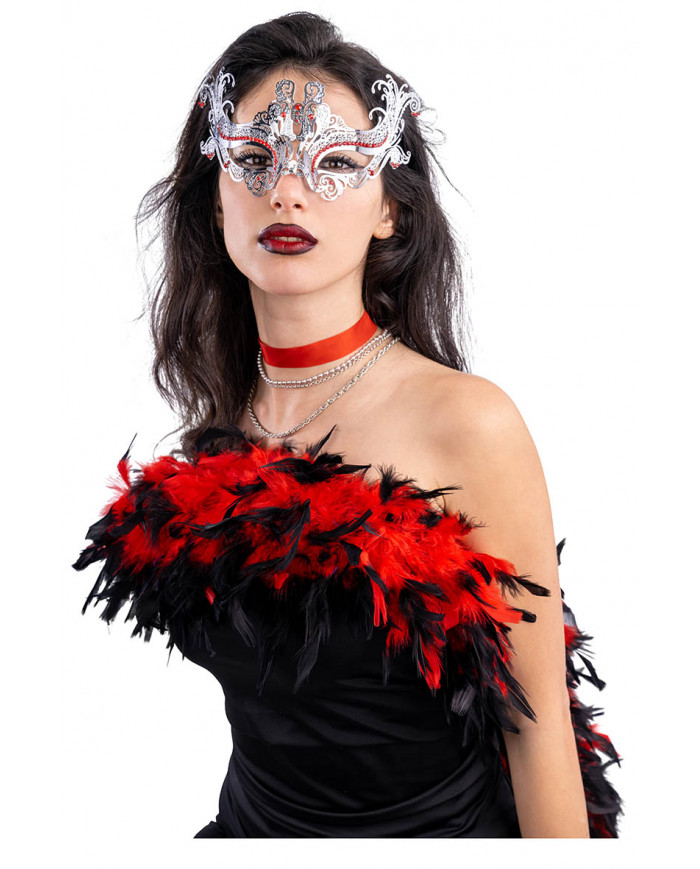 MASQUE VENITIEN METAL DENTELLE ARGENT STRASS ROUGE