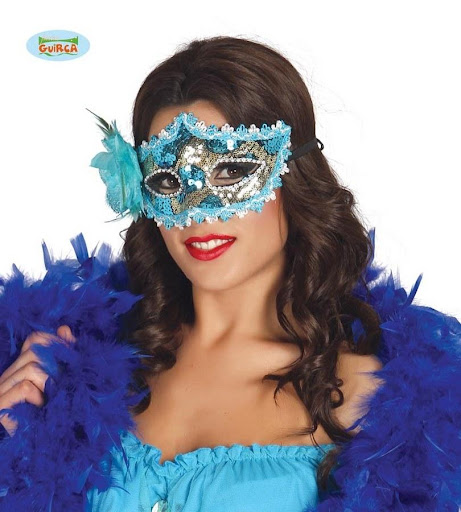 MASQUE VENITIEN BLEU TURQUOISE PAILLETTES ET FLEURS