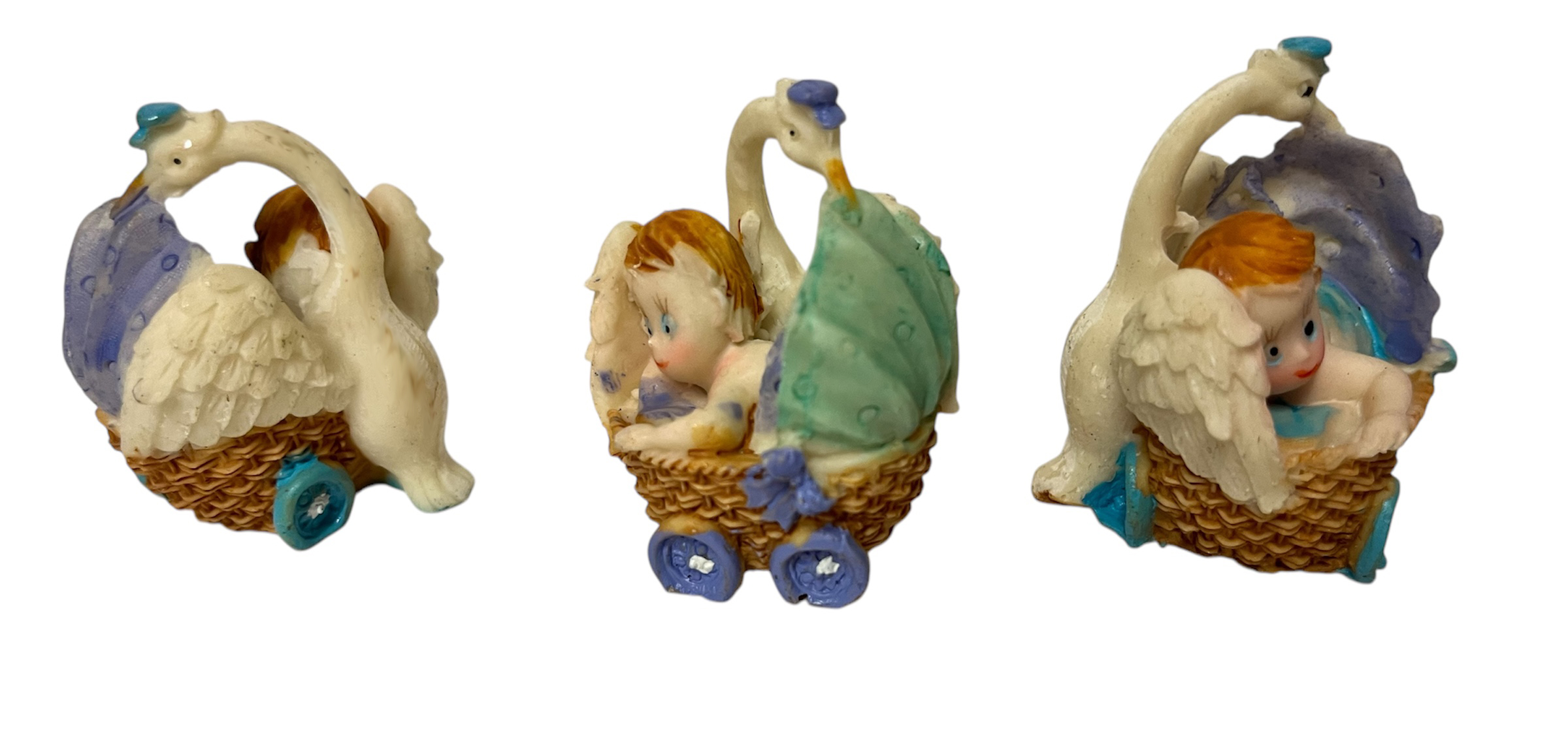 BEBE BLEU POUSSETTE ET CYGNE