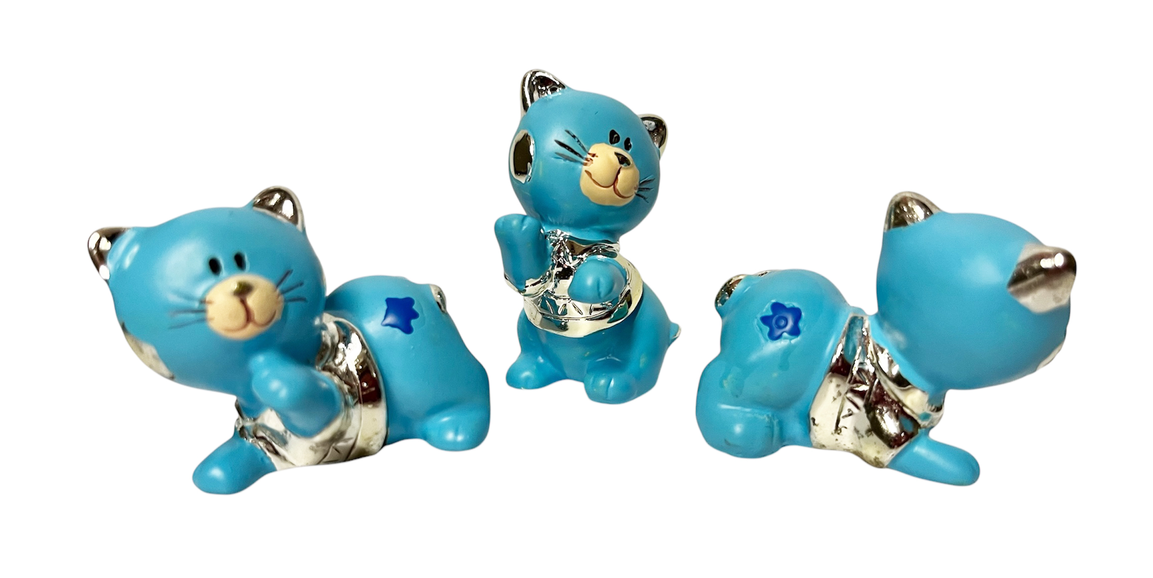 3 figurine chaton bleu metal argente