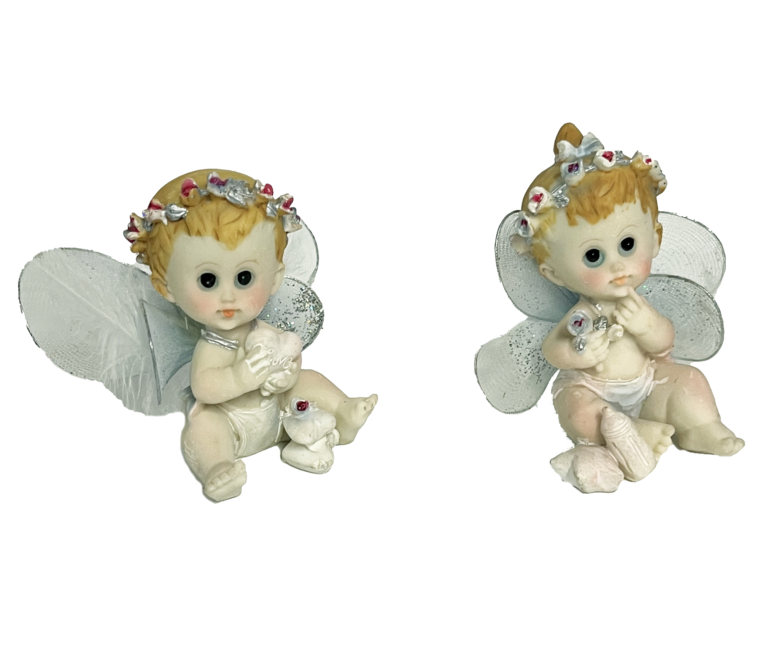 2 figurines resine anges ailes bleues