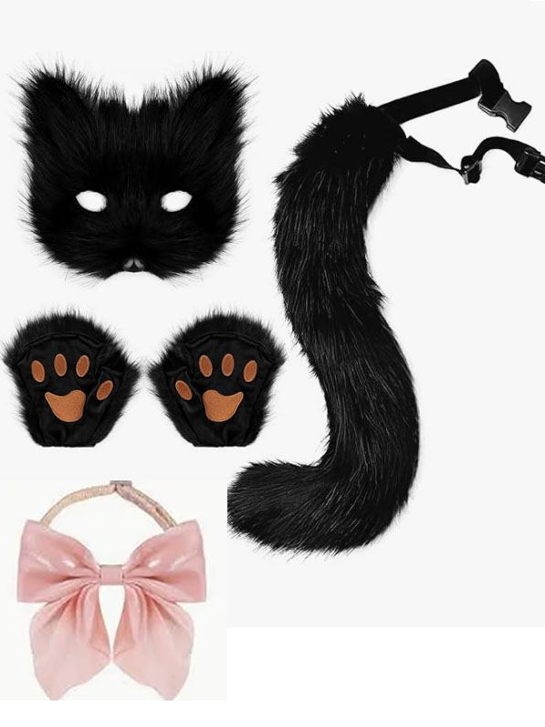 KIT DEGUISEMENT CHAT FOURRURE NOIRE AVEC NOEUD