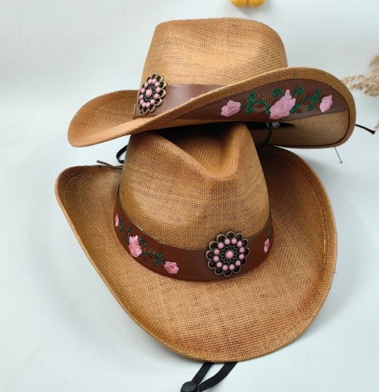 chapeau western paille brode rose