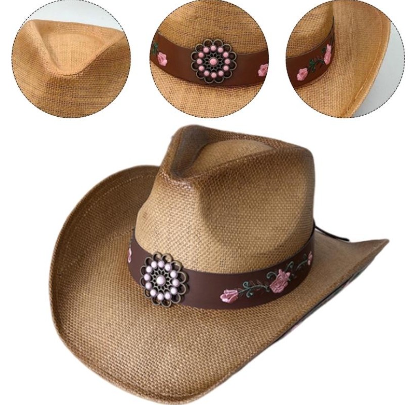 chapeau western paille luxe brode rose 1