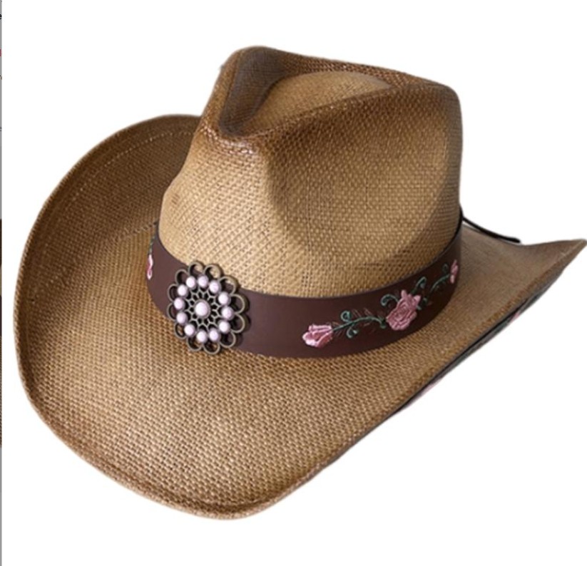 chapeau western paille luxe brode rose