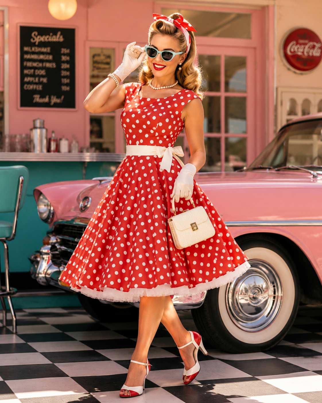 robe pin up orange a pois blanc annee 50
