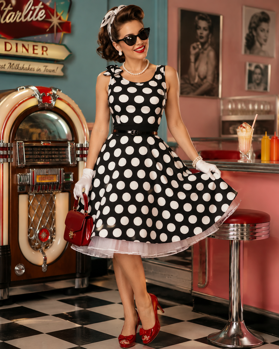ROBE VINTAGE PIN UP NOIRE A POIS BLANCS